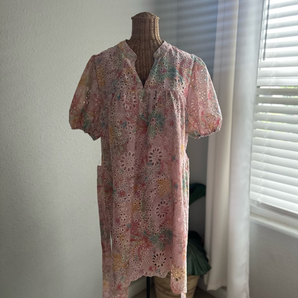 Umgee Pink Floral Eyelet Midi Dress